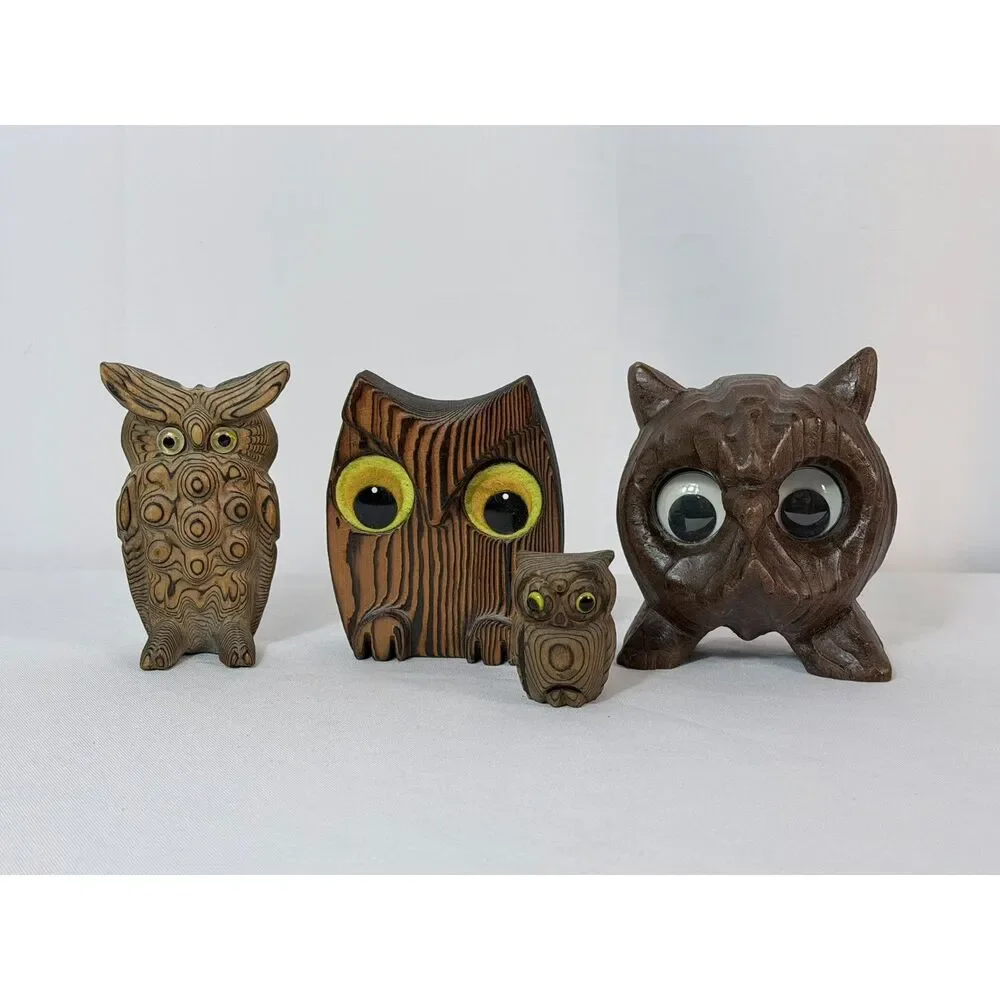 Vintage Cryptomeria Wood Carved Owl Lot of 4 Folk Art Big Eyes Woodland Forest